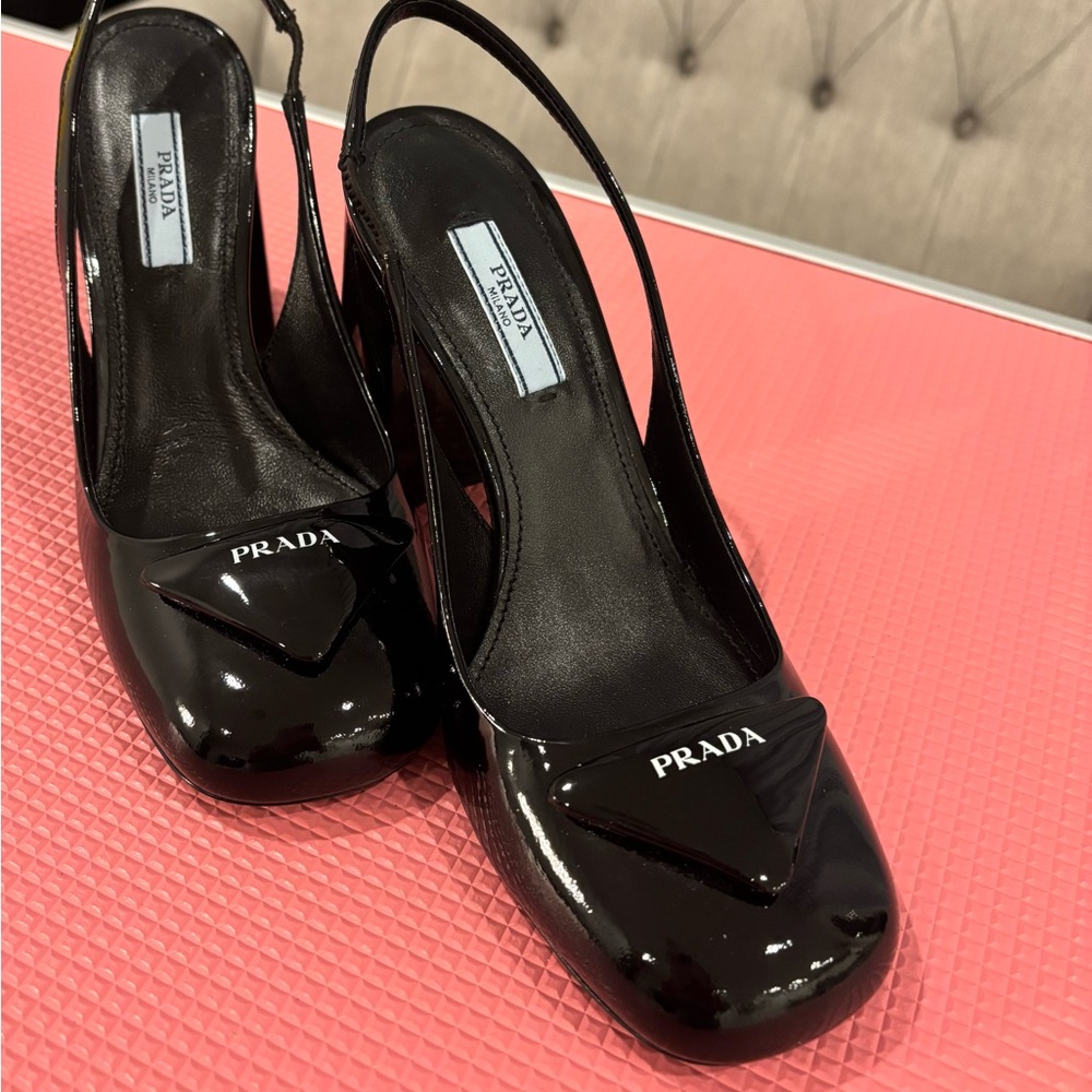 Prada Black Patent Leather Slingback Heels